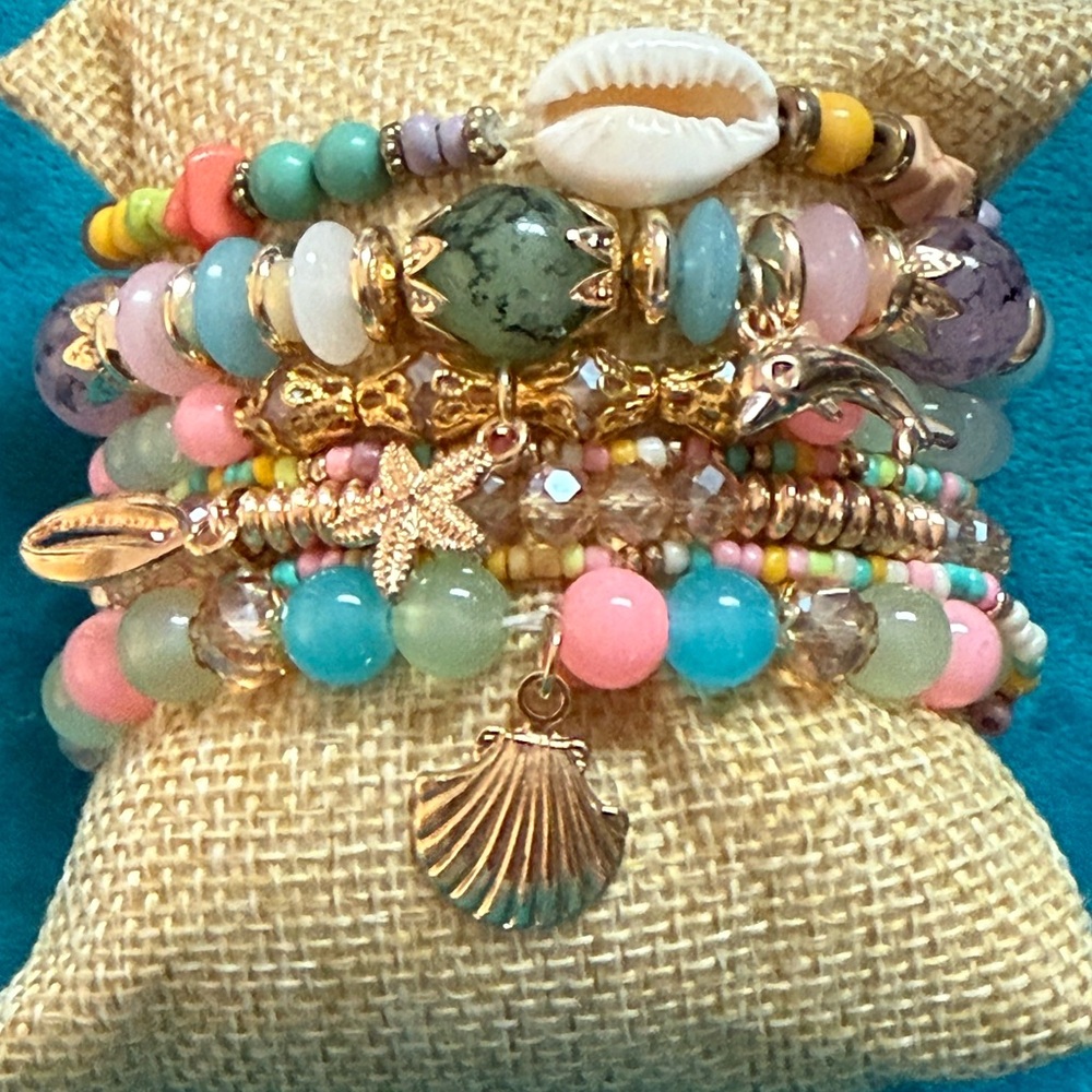 Boho Multicolor Beach Pastel Charm Stackable Bracelet Set NEW